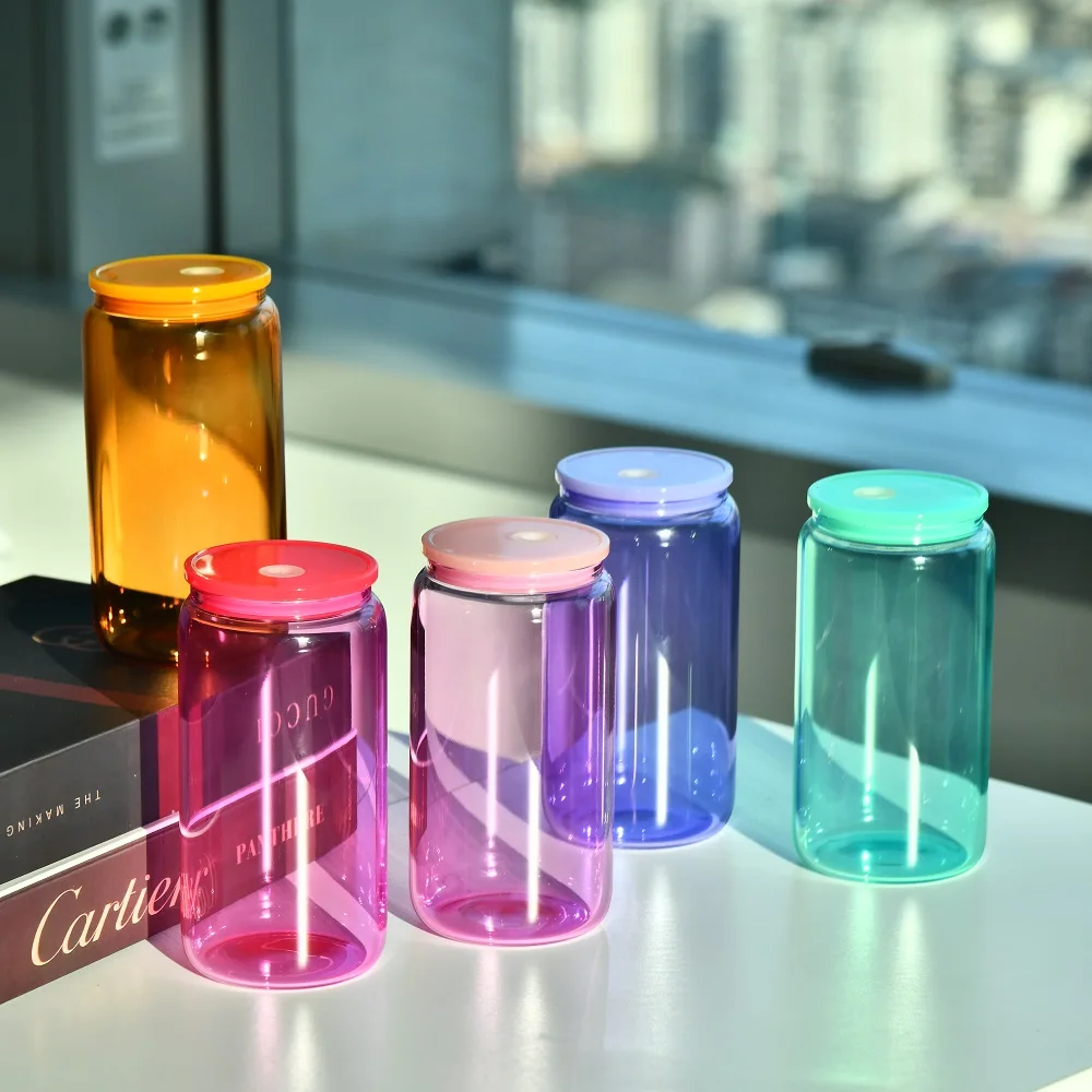 USA Mixed Drinking Colored Glasses Tumbler 16oz Clear Iced Coffee Soda Beer Shaped Glass Can Cup With Plastic Lid And Straw