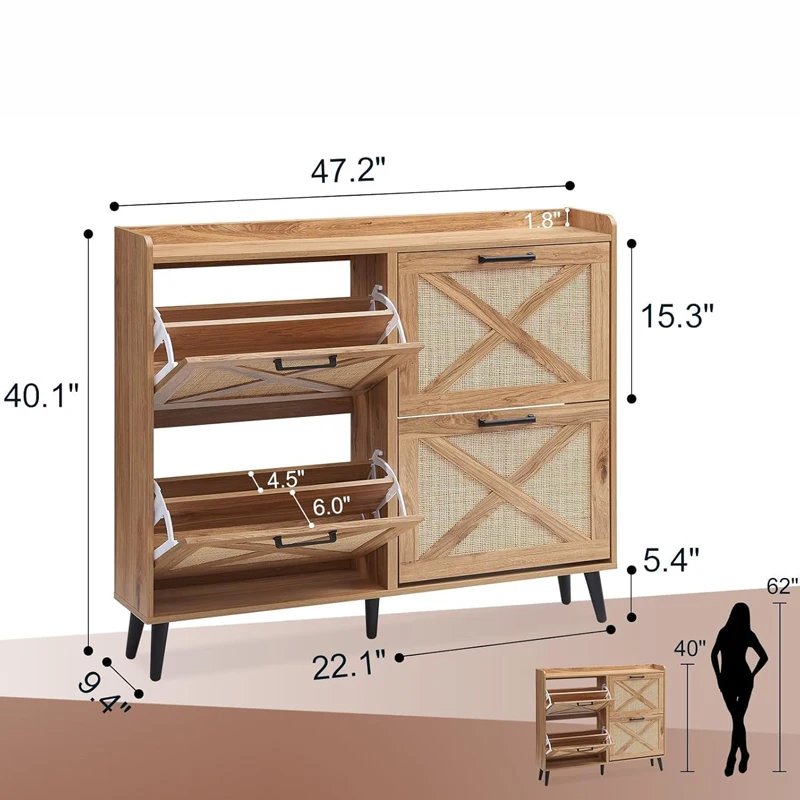 White Rattan Shoe Cabinet Rack MDF Wood Home Living Room Furniture with MDF Style for Kitchen Use