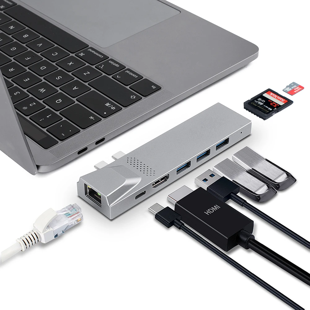 8 в 1 хаб-адаптер Ethernet HD 4K Тип c usb-c 3 сплиттер пользовательская портативная настольная зарядка USB 0 портов usb-концентраторы из алюминиевого