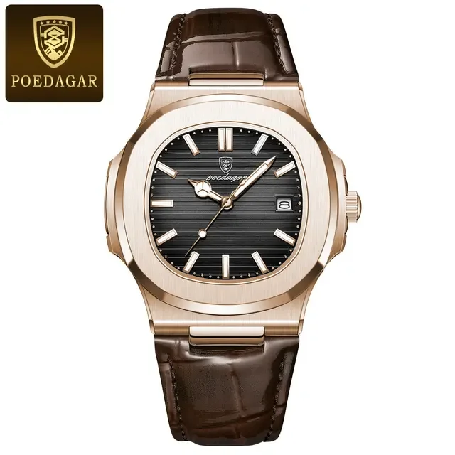 POEDAGAR 613 Leather Strap Mens New Luxury Fashion Watch Luminous Waterproof Quartz Watches with Date
