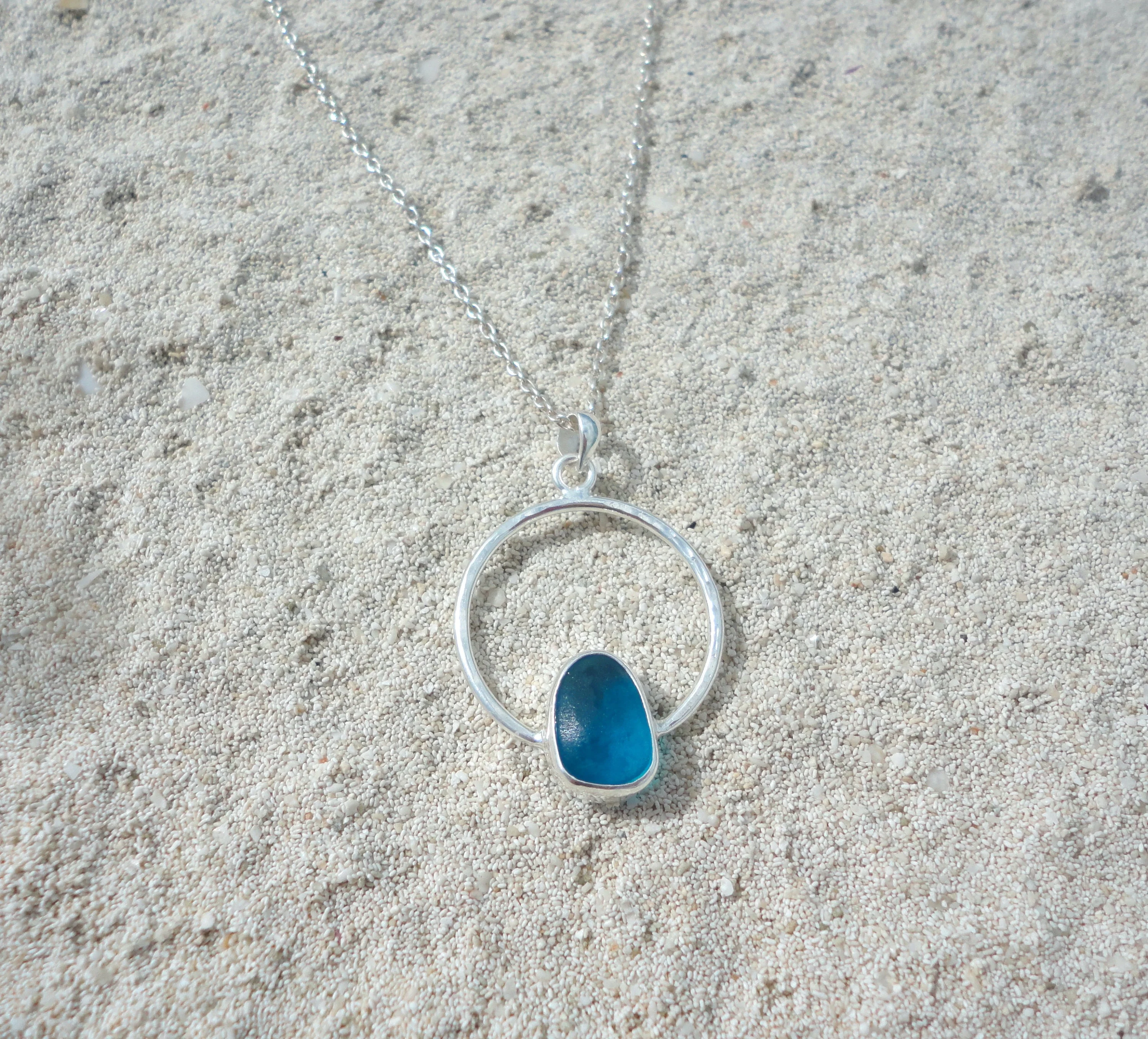 Cobalt Blue Bezeled Sea Glass Circle Necklace Ring Pendant Beach Glass Ocean Necklace for Mermaids