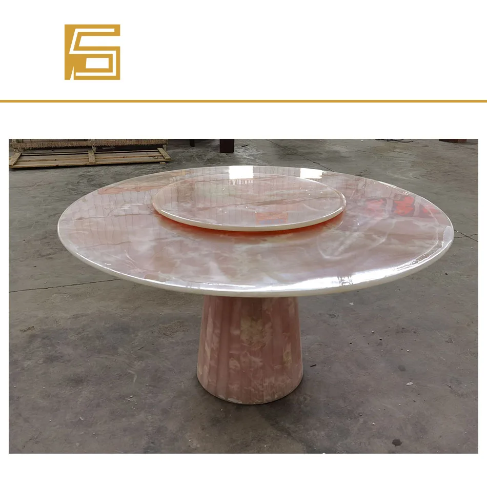 Роскошный круглый обеденный стол из натурального камня и розового оникса