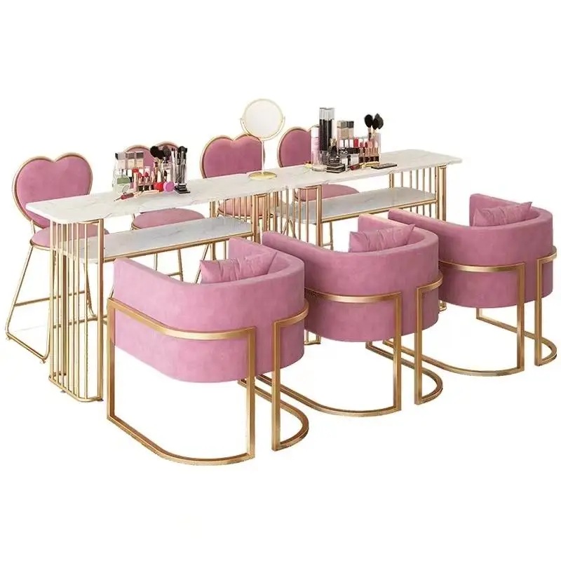 Modern light luxury gold sex gland table modern simple makeup table nail salon popular pink chair nail table