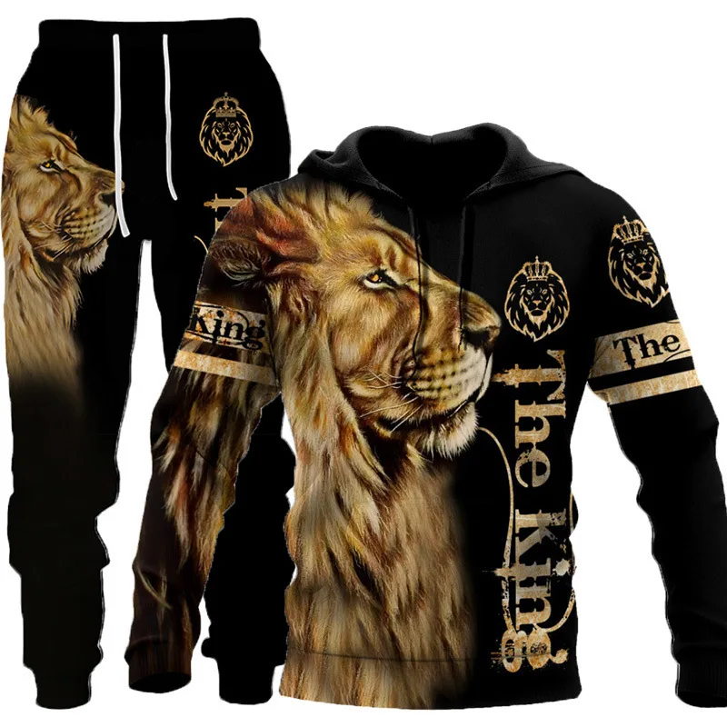 European and American cross-border new couple suit 3D digital printing animal lion men and women hoodie sweater and pants
