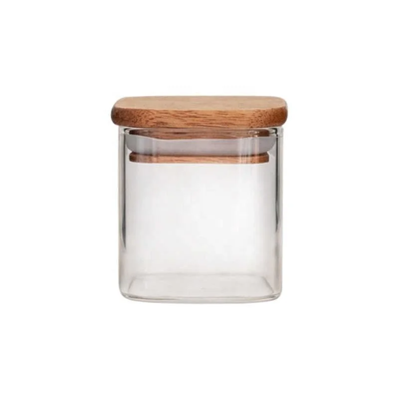 Small Capacity Mini Homestay Tea Can Square Wooden Lid Glass Storage Sealed Storage Of Grains And Coffee