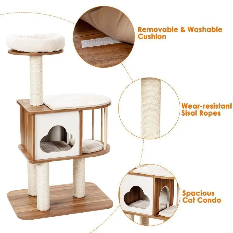 Wholesale customized cute fashion beige luxury  indoor tree tower houses scratches climbing pet cat tree CNLF