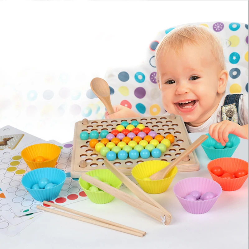 
Kids Montessori Toys Early Educational Rainbow Wooden Clip Bead Game Interactive Toys Colorful Ball Clip Wooden Puzzle Gift Set 