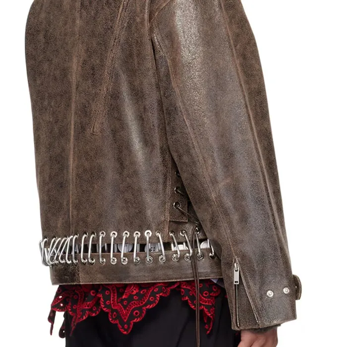 High street fashion brown belted leather jacket for men mock neck vintage faux leather detachable pin-buckle belt cargo jacket
