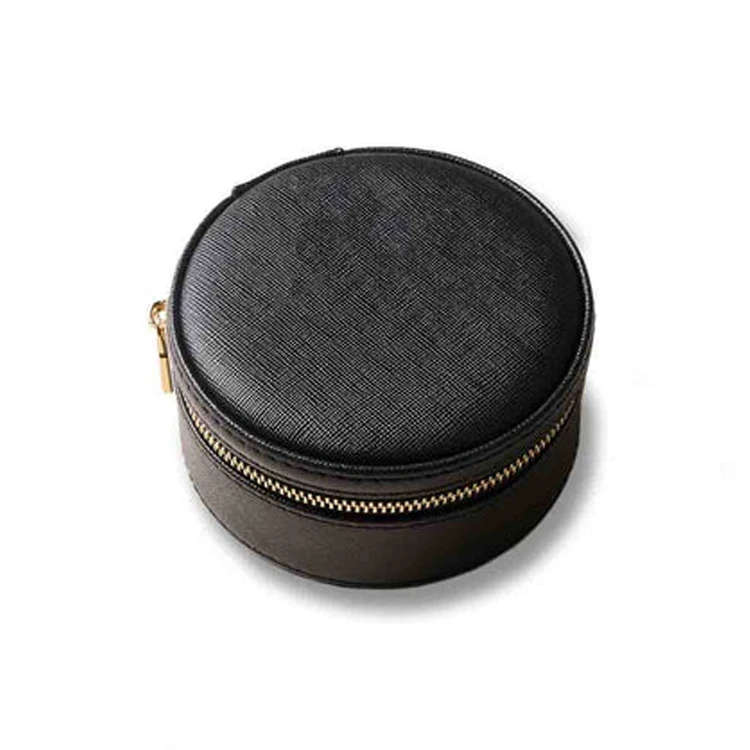 Women Storage Jewelry Box PU Round Travel Jewelry Case Small Leather Rings Studs Jewelry Case with Pouch inside