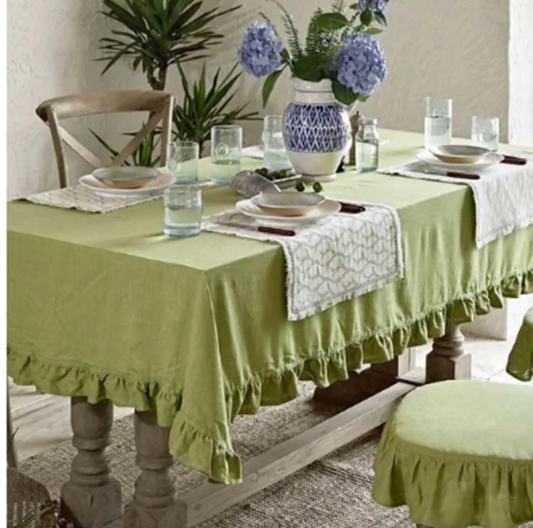 Popular Style Thick And Absorbent 100% linen Washed linen Tablecloth With Lotus Leaf Lace