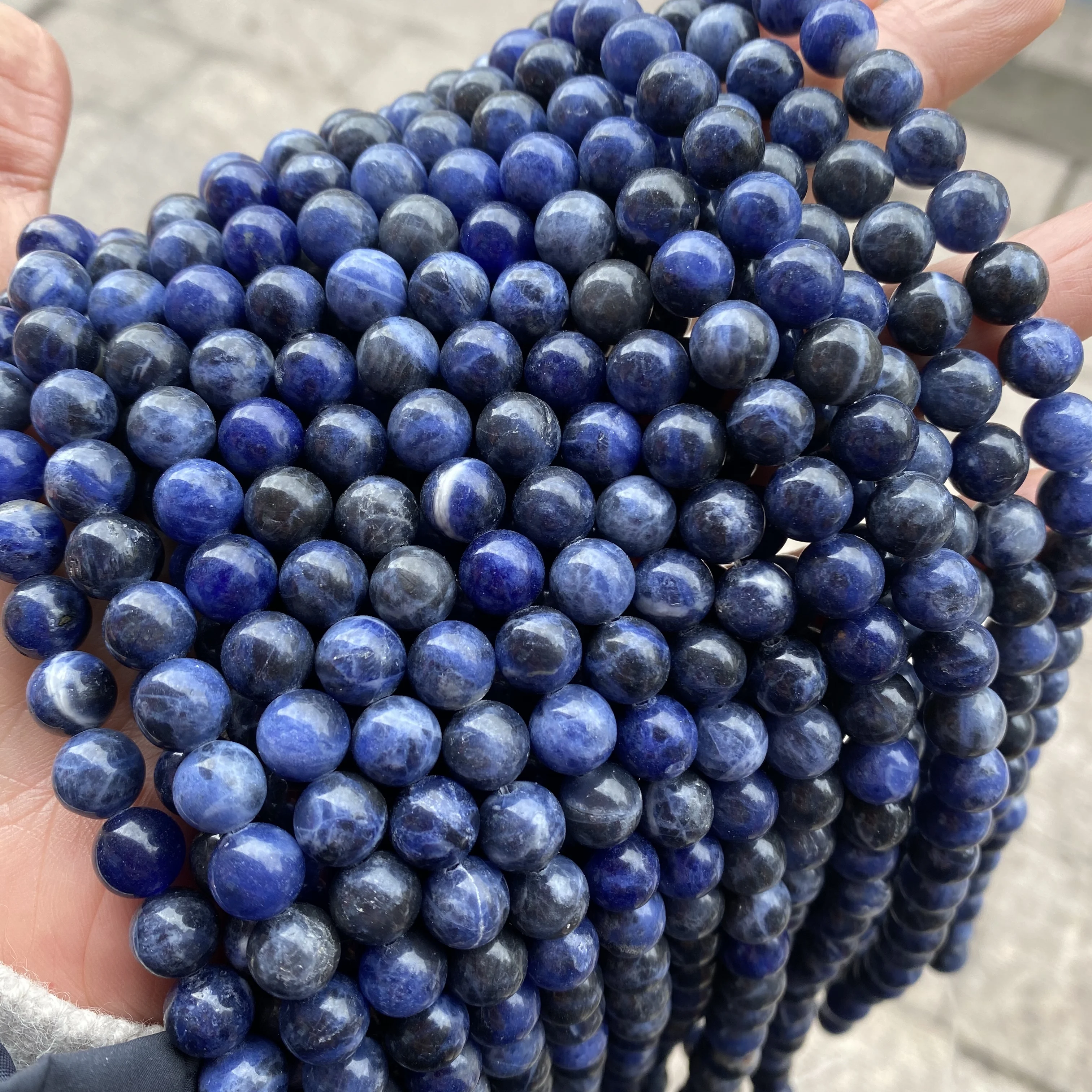 Yiwu Natural Stone Supplier Deep Blue Sodalite Polished Loose Round Beads White Pattern Lace Sodalite Beads for Jewelry Making