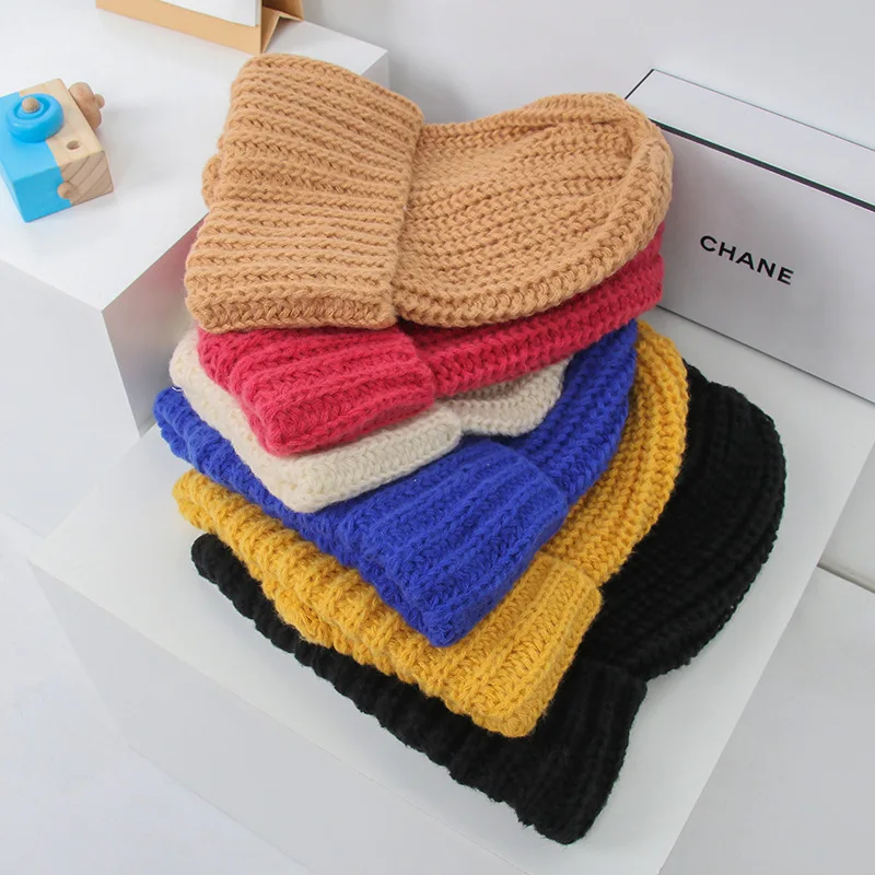 New Korean winter solid color thick woolen hats small push knitted cap hats for men and women