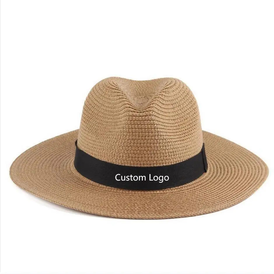 Wholesale Custom Logo Summer Breathable Wide Brim Sunscreen Panama Hat Sun Protection Straw Hat