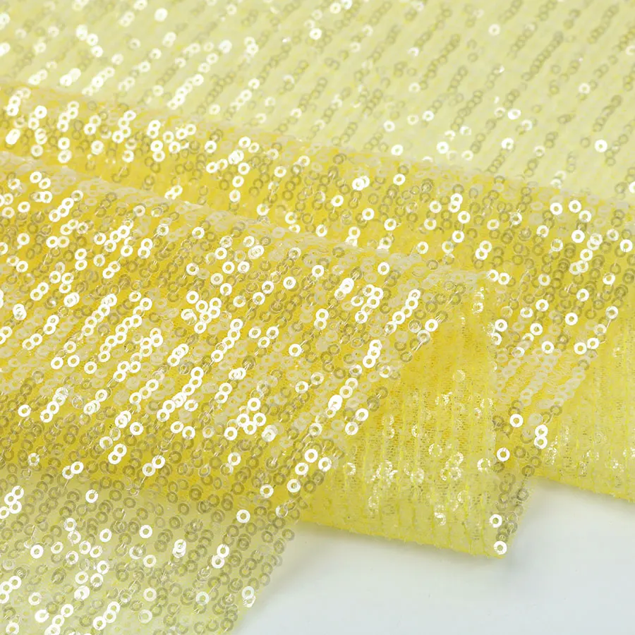 Exquisite 3mm Crystal Spangle Bright Yellow Mesh Stripe Sequin Embroidery Fabric for Wedding Party Wear Dresses