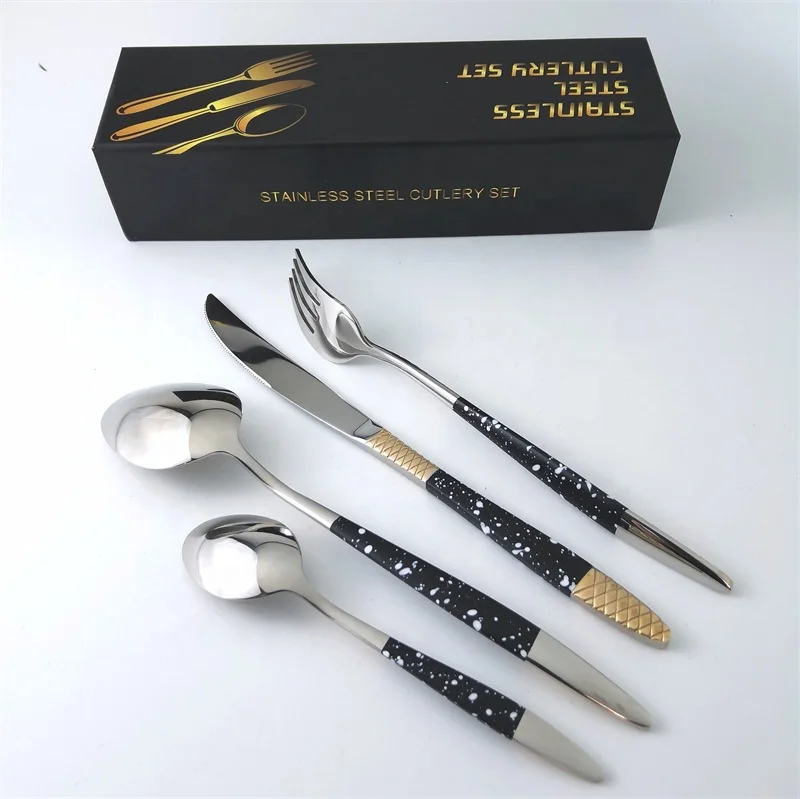 small MOQ black white handle MYD cutlery gold plated 30pcs spoon fork knife set non magnetic cutlery