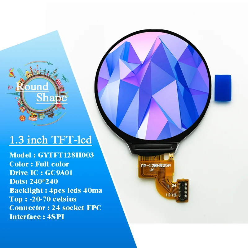 Circle 1.3 Tft Lcd 240X240Dots Ips Gc9A01 14Pin Zip Fpc 1.28 inch 1.3 inch 4Spi Tft Round Lcd Display For Smart Watches