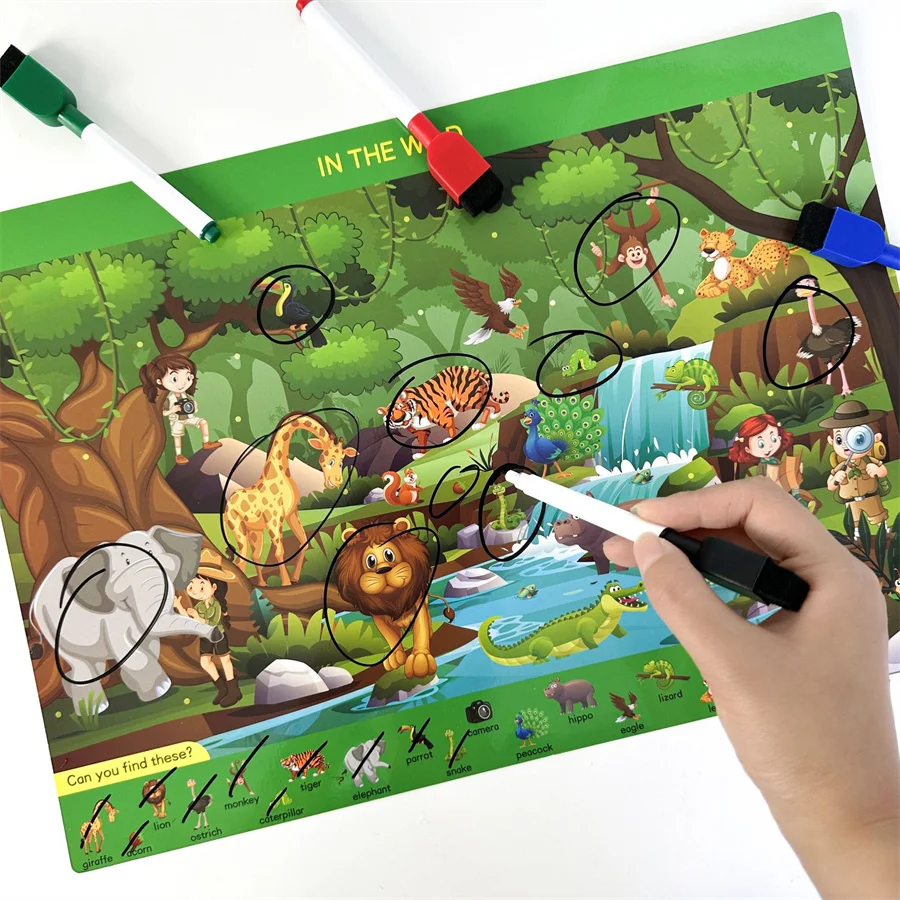 New 12 scenes Search And Find Book Reusable Write And Wipe Activity Mats Busy Book for Boys Girls