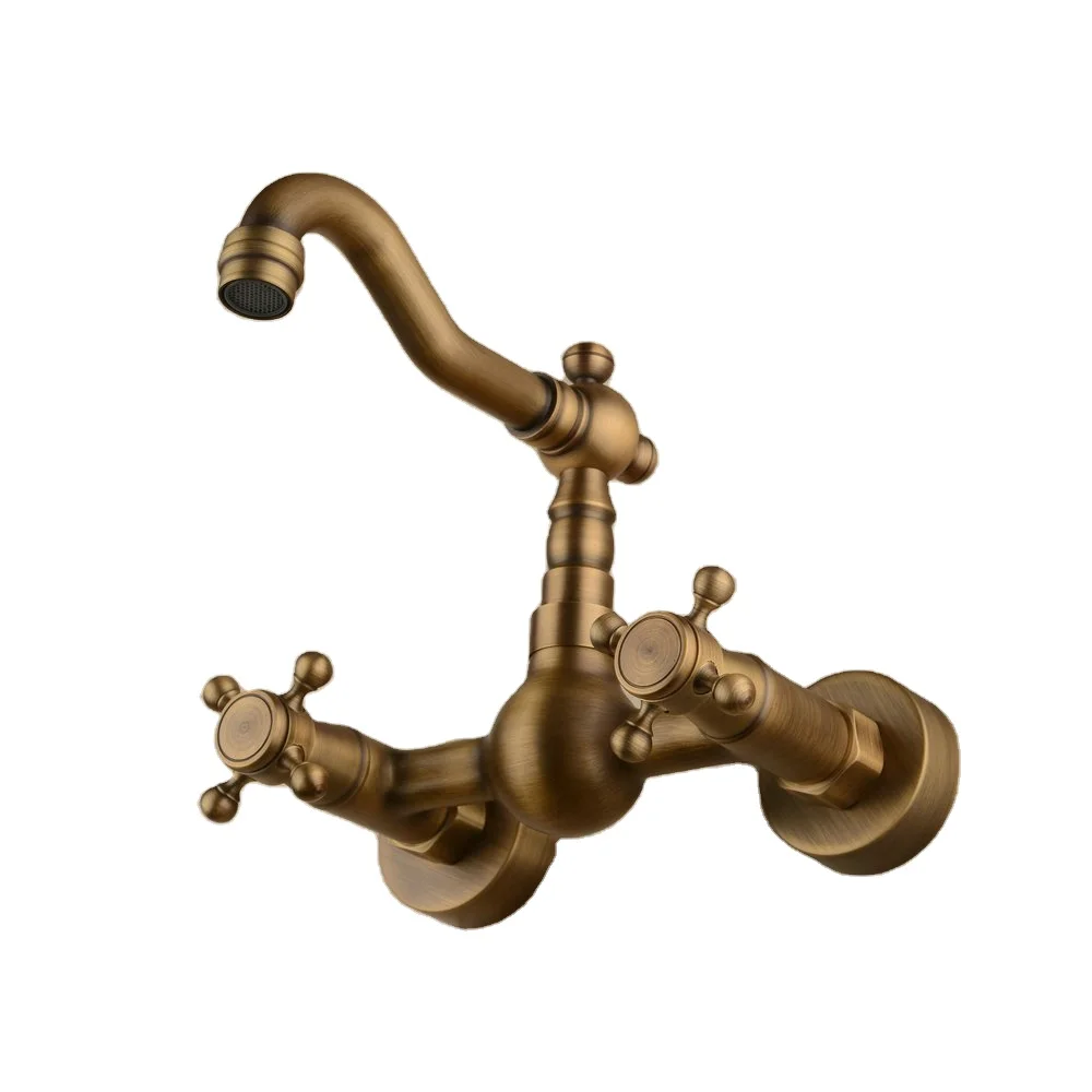 Beelee Retro Style Wall Mounted Antique Brass Basin Faucet