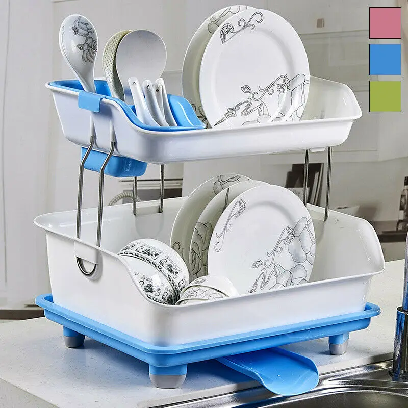 Plastic Dish Drainer Double Drip Tray 2 Layer Utensil Cutlery Draining