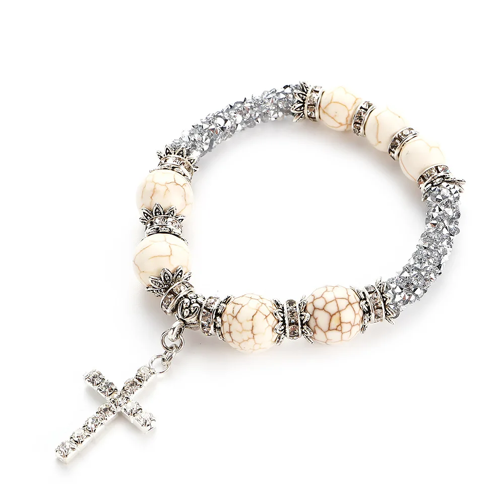 natural stone women bracelet boho style Natural Stone Bracelets Beads Boho Vintage Cross Rhinestones Turquoises Bracelet