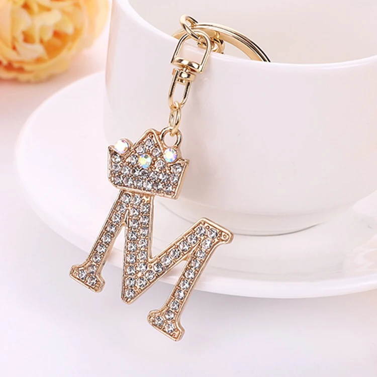 Wholesale women fashion A-Z letter key chain crystal crown alphabet rhinestone initial keychain letter keychain