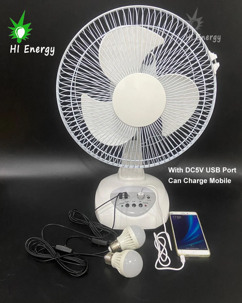 Offgrid  Rechargeable Solar Fan Energy System with Solar Panel and Led Light Bulbs 12Inch 16inch 012T