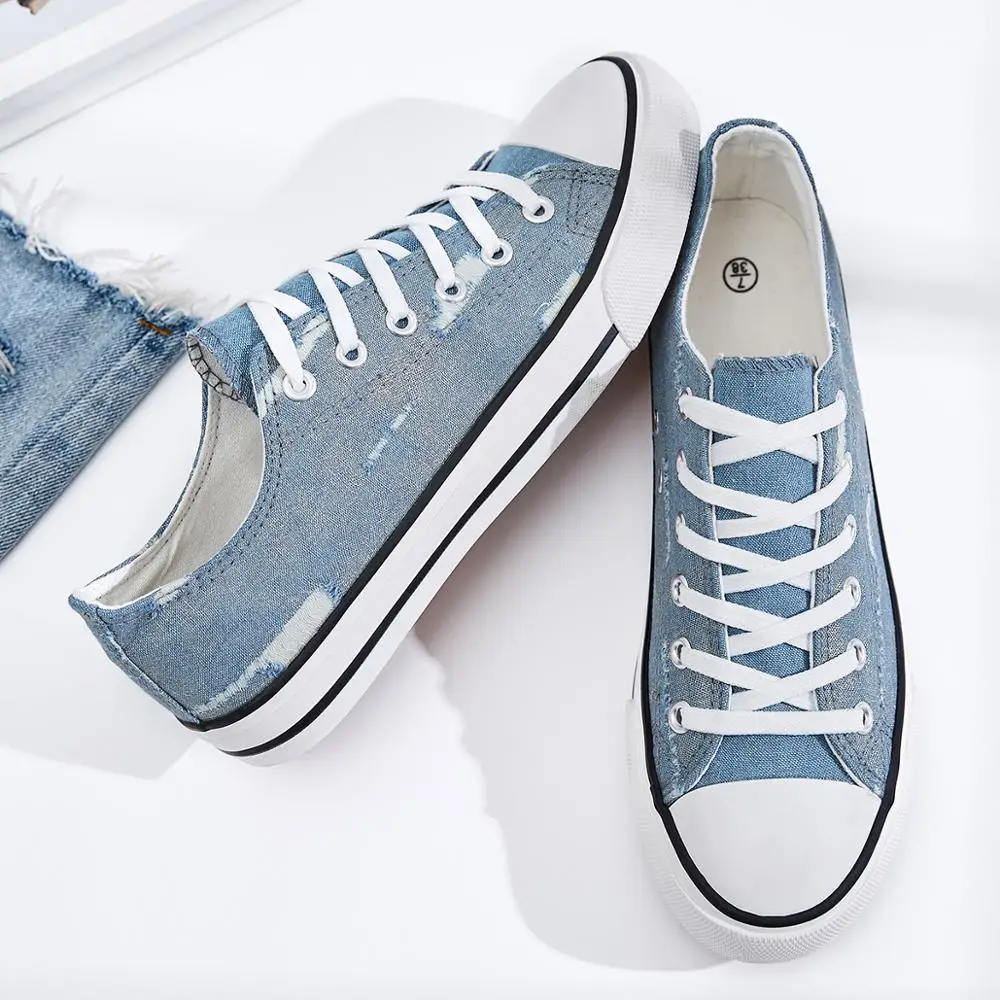 Wholesale Women Casual School Light Classic Shoes Low Top Lace up Denim Sneakers White Shoes for Women