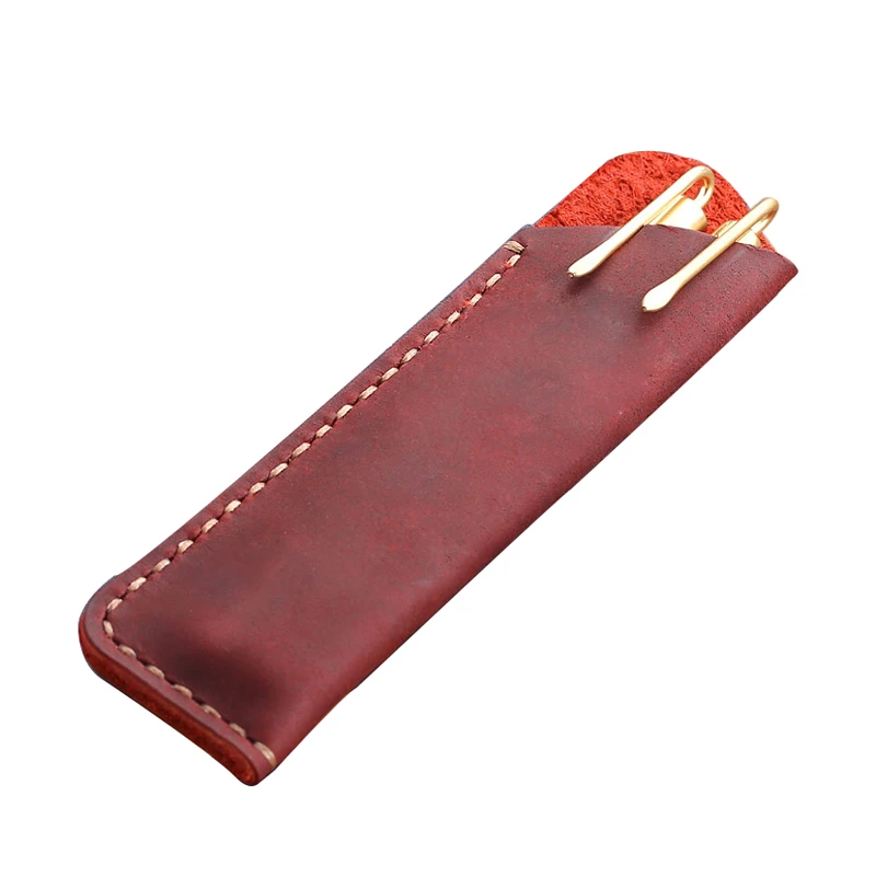 Custom Logo Vintage Genuine Leather Pencil Case Office Crazy Horse Leather Pen Sleeves Pouch Holder