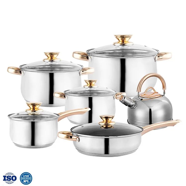 12pc golden handle kitchen pans casserole stockpot non-stick pan stainless steel cookware set with glass lid