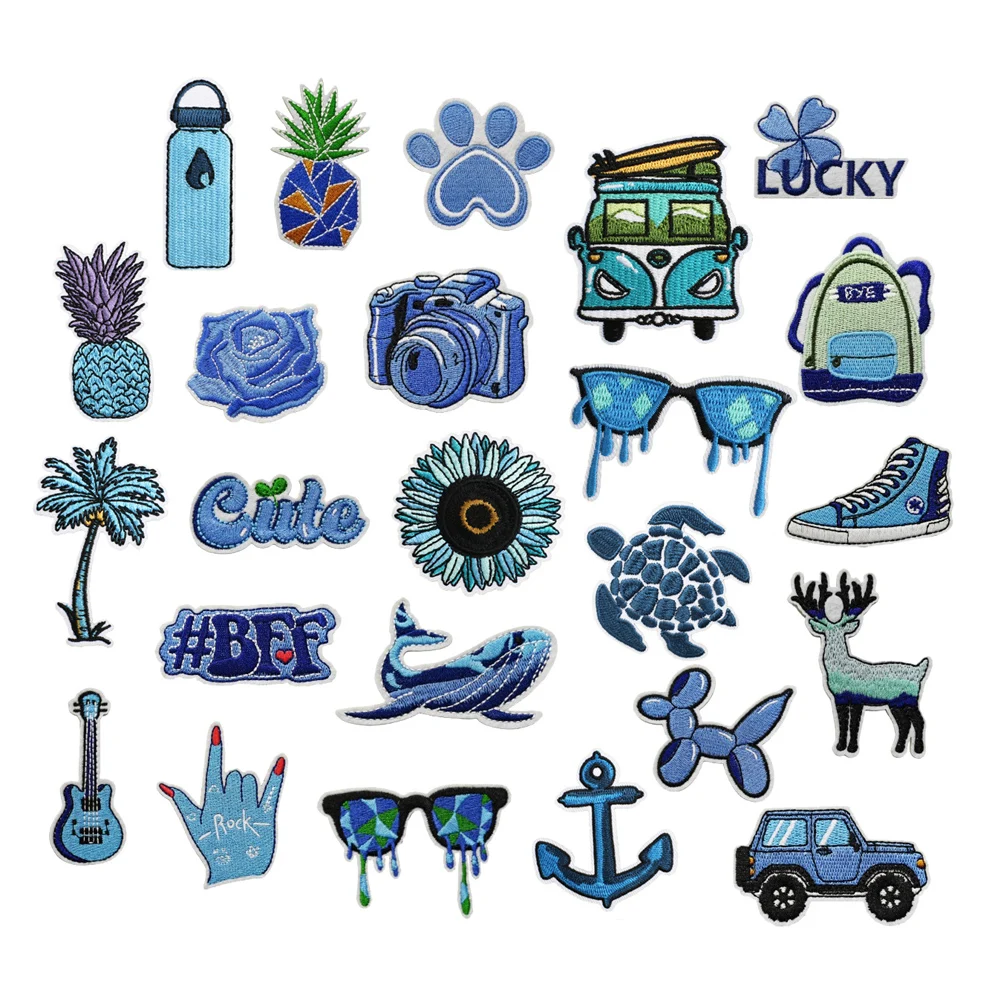 popular graffiti style blue color theme iron on embroidery patches for blouses dress