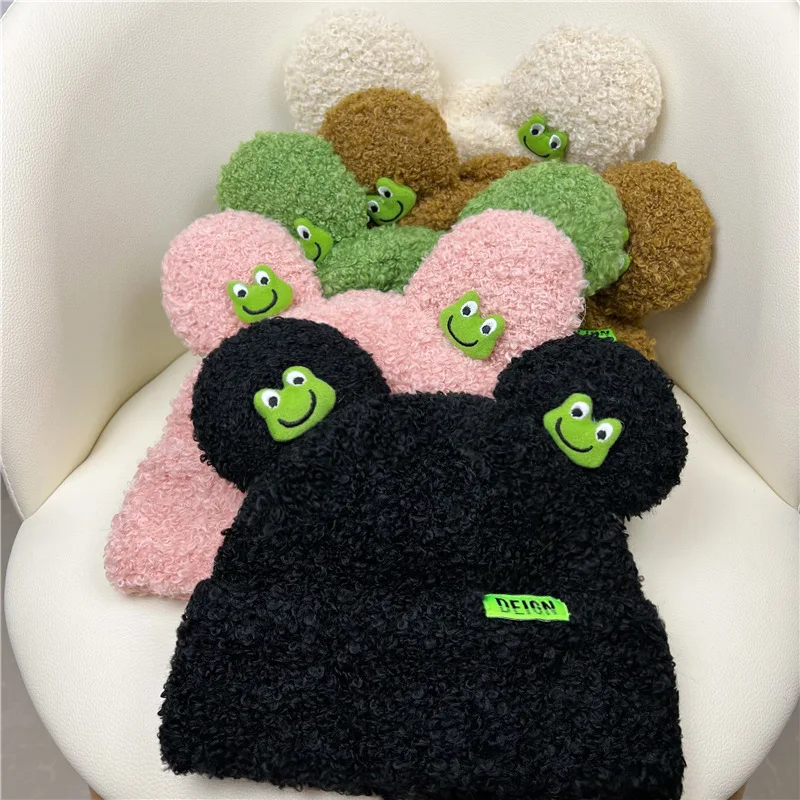 Cartoon Cute Frog Lambswool Hat Women Winter All-match Warm hat Casual Knitting Beanie hat