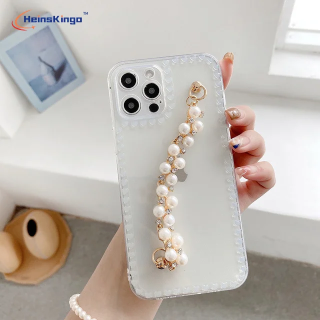 Transparent Pearl Love Chain Wristband Case for IPhone 13 12 Pro Max Mini XR X XS 7 8 Plus 9 Cute Phone Cover Luxury Coque Funda