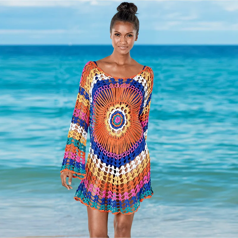 Breathable Rainbow Floral Crochet Hollow Out Dress See Through Tops Beach Cover Up