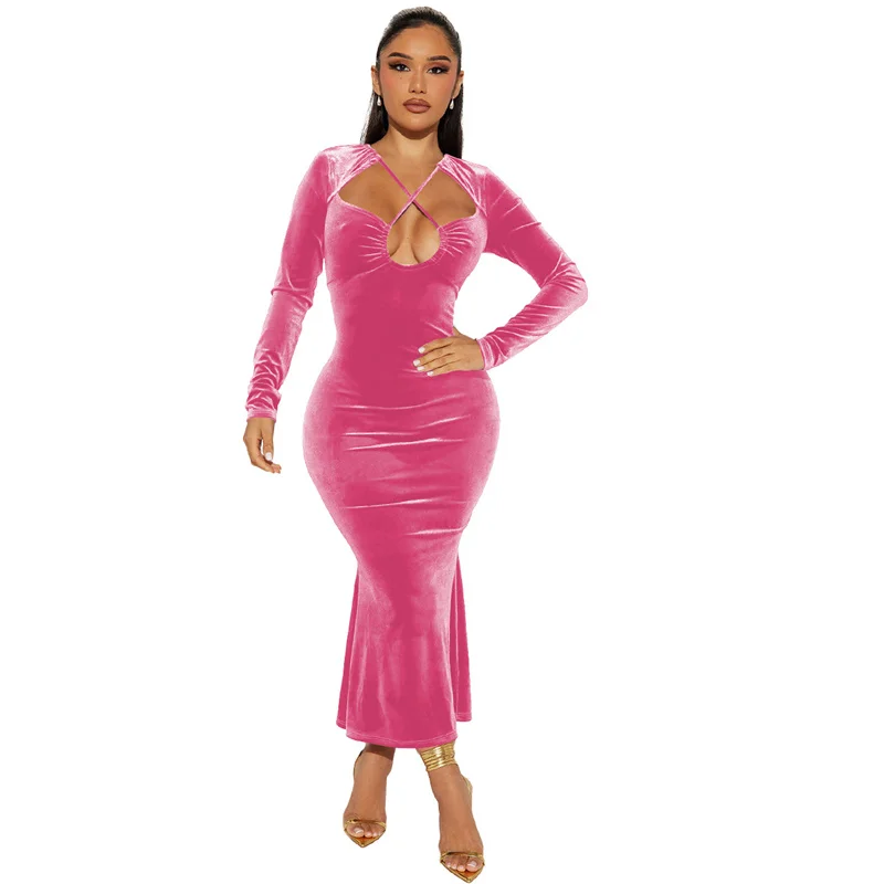 fall luxury elegant women velvet velour criss-cross neck long sleeves trumpet mermaid maxi long evening party dress for women