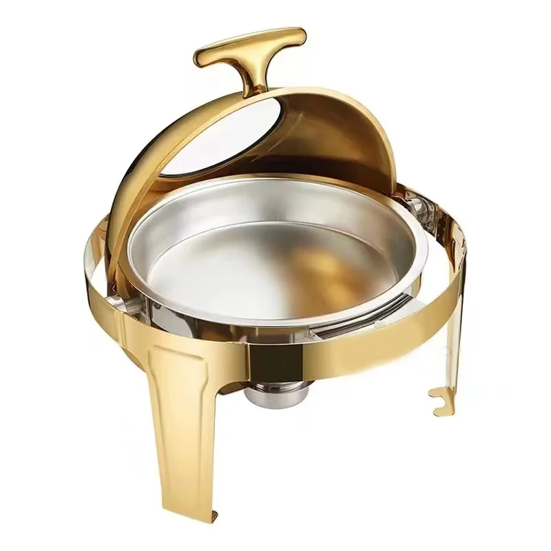 Luxury Large Stainless Steel Chafing Dish Gold 6.5L Big Roll Top Round Catering Chafing Dish Food Warmer