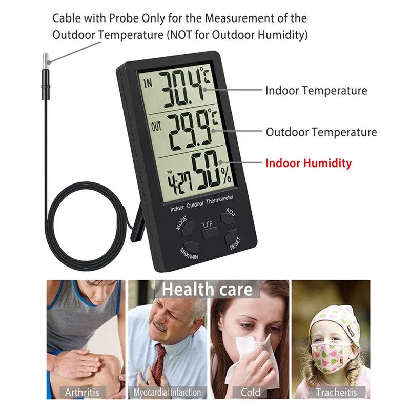 Free Sample Digital Indoor Outdoor Large LCD Display Wall Alarm Clock 3 in 1 Thermometer Hygrometer External Probe Sensor Cable