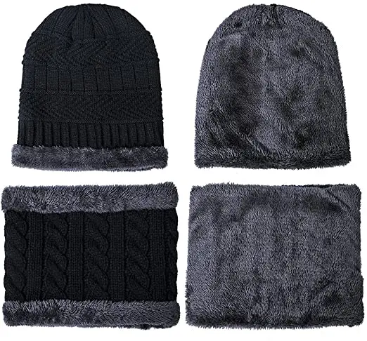 Комплект из 2 предметов, детская зимняя теплая вязаная шапка круг шарф для мальчиков и мужчин, шерстяная вязаная шапочка, комплект шапки и шарфа