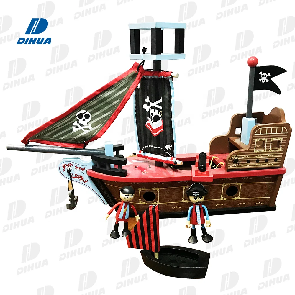 Pirate Play Theme Wooden Toy Boat Customizable Pirate Boat Toy with Figures Simulate Finding Treasures Pretend Role Play Toys