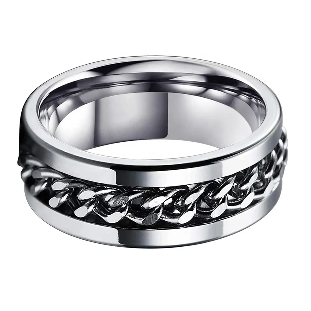 Coolstyle Jewelry 8mm Tungsten Spinner Anxiety Release Ring Men Women Steel Chain Inlay Fashion Engagement Wedding Band