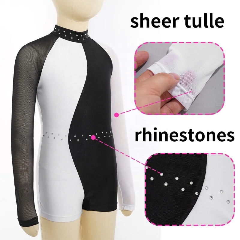 Stylish Kids Girls Mesh Long Sleeve Round Collar Contrast Color Closure Back Dance Leotards Jumpsuit