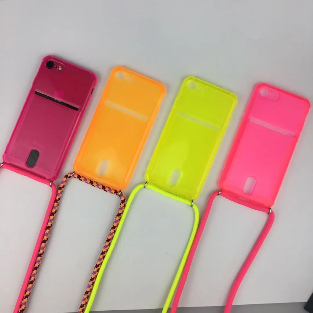 Crossbody Fluorescent Color Wallet Insert Card Necklace String Phone Case With Lanyard for iphone 11 Pro Xs Max xr x 6 7 8 Plus