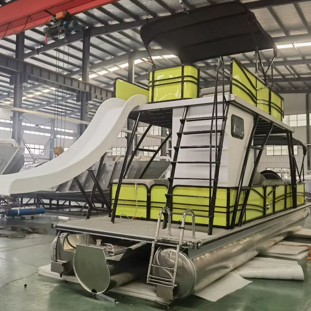 30ft 9m double deck Pontoon Boat with Outboard Motor for Party Drifting and Fiberglass pontoon boat with private bathroom