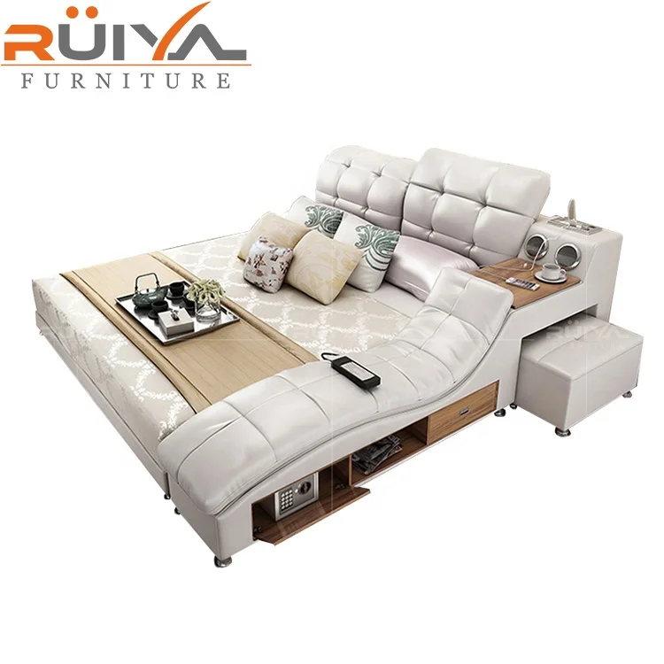 Modern Leather Fabric Bed with Storage Box Function Bedroom Furniture Set Chesterfield Style Multimedia Speaker USB Charger