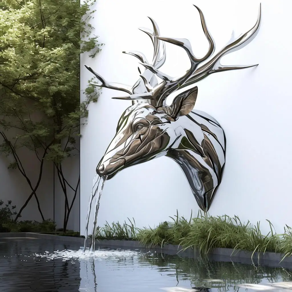 Stainless Steel Sculpture Waterscape Spray Hollow Deer Mirror Forging Landscape Square Ornaments Sculpture