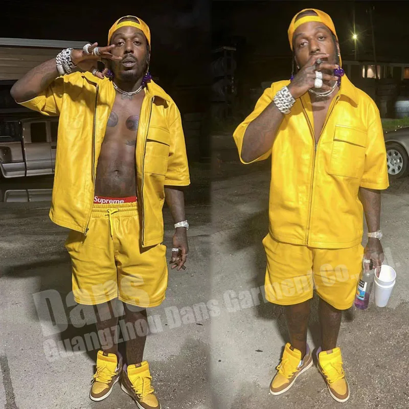 Summer Custom Faux Leather Set Mens Fashion Short Sleeve Pu Zip Up Jacket Coat And Shorts Two Piece Sets For Men