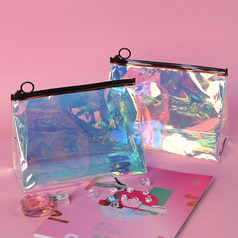 Low MOQ100 Travel Products Makeup Bag Holographic PVC Clear Cosmetic Bags Cases