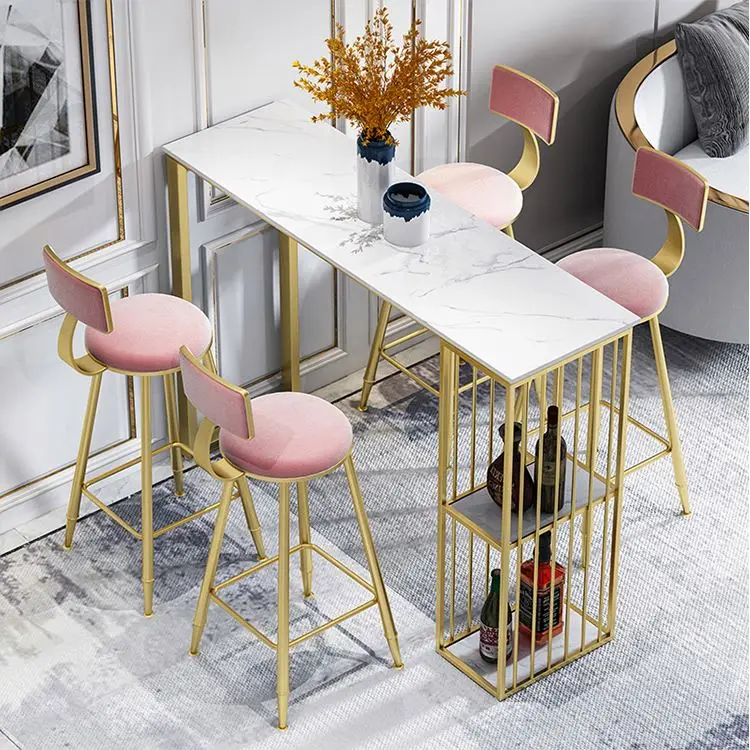 Wholesale American style home kitchen bar counter simple cafe table combination metal high leg narrow long bar table chair