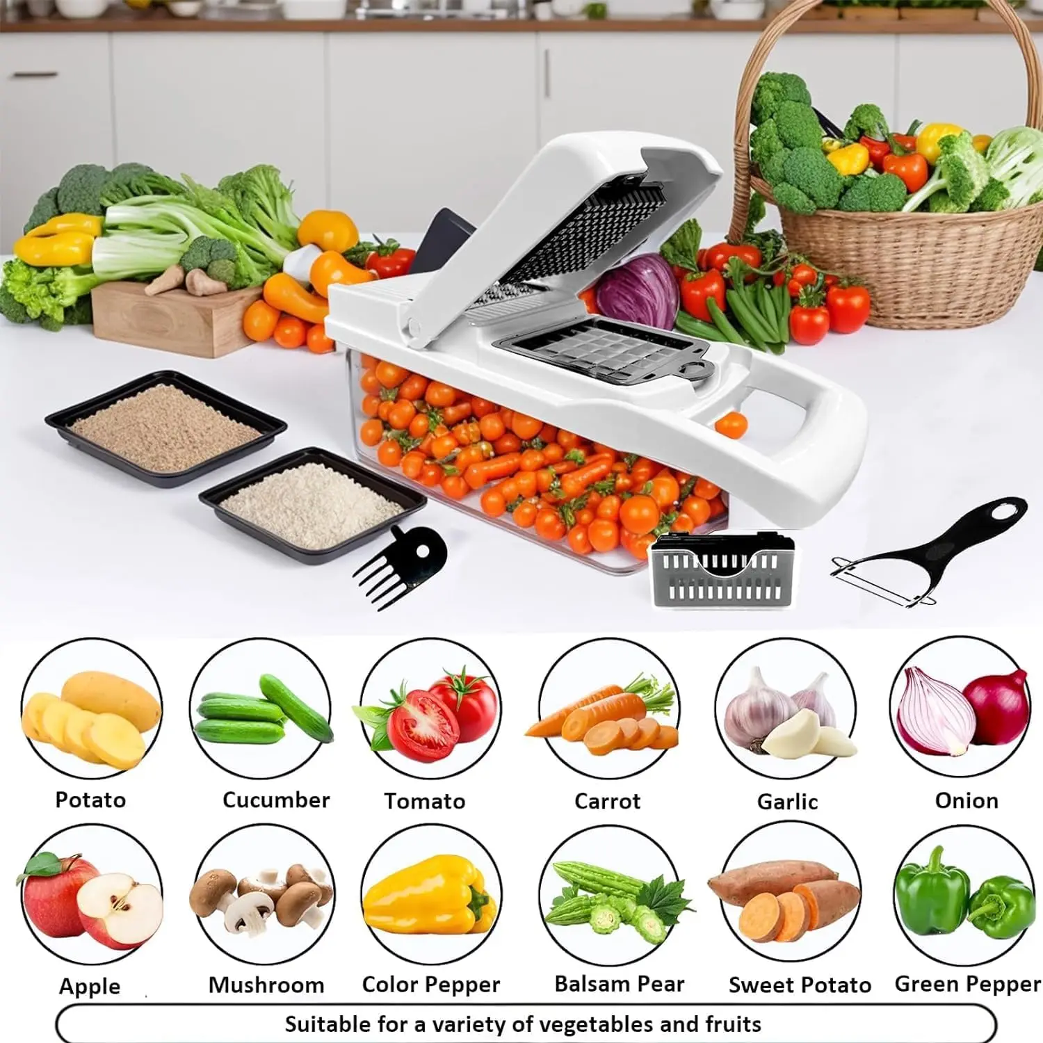 Vegetable Chopper - Cheese Grater, 13-in-1 Mandoline Slicer Chopper Vegetable Cutter, Anti-Slip Container, Chop-Cut-Spiralizer