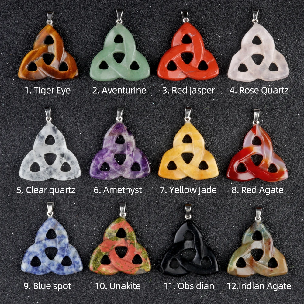 Red Jasper Crystal Irish Celtic Knot Pendant Triangle Shape  38MM Natural Carving Gemstone Stone Hollow Triangle Necklace