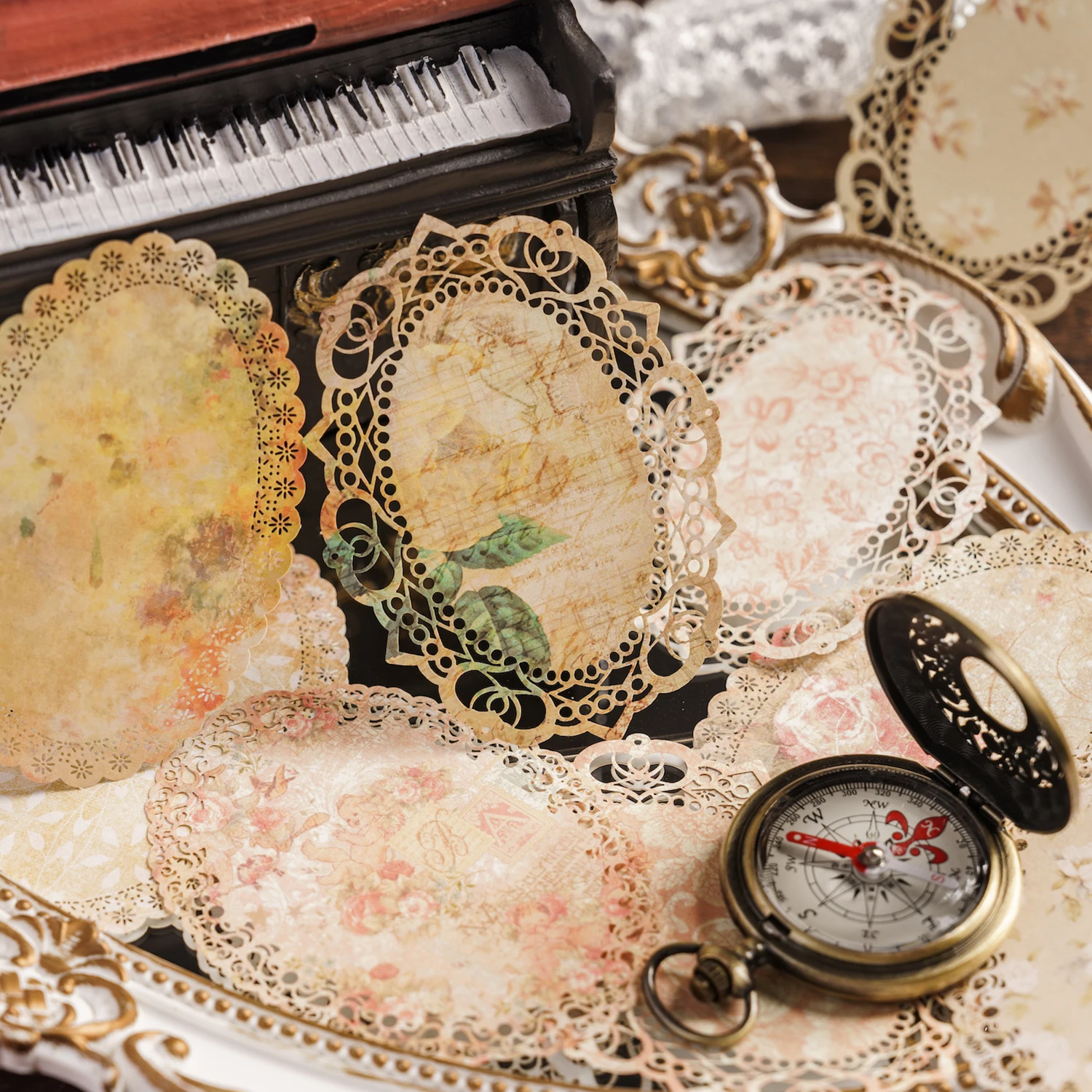 10 Pcs Floral Hollow Lace Material Paper Junk Journal Planner Scrapbooking Vintage Aesthetic Collage Decorative DlY Craft Paper